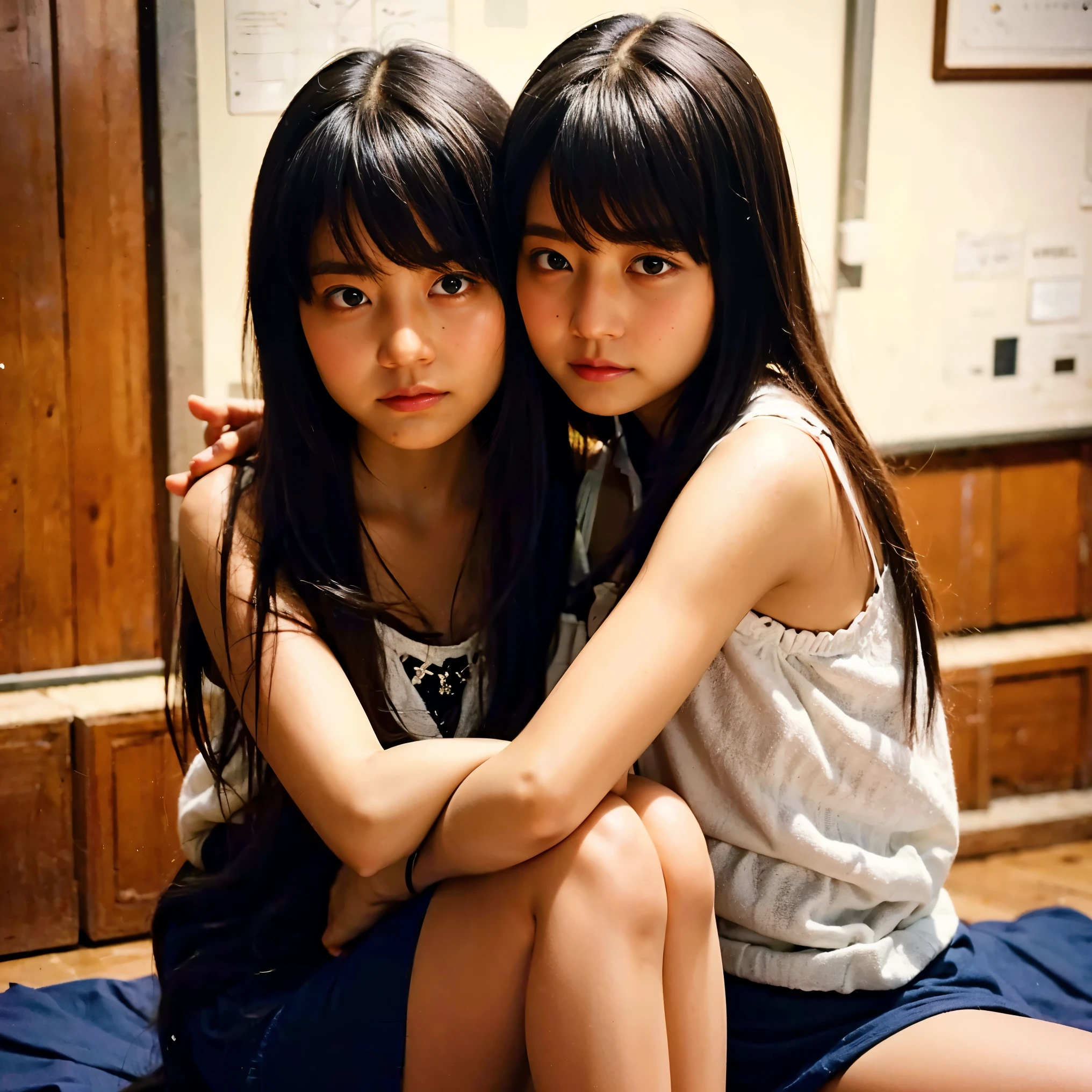 A nostalgic black-and-white film photo of twin sisters resting their heads together, eyes meeting softly.