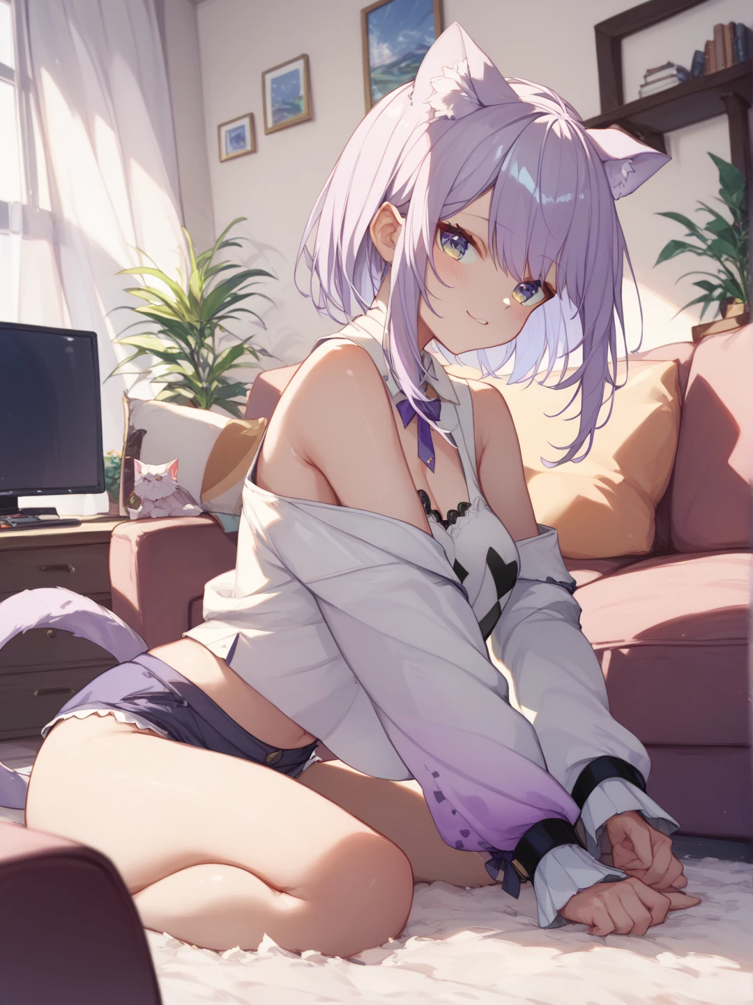 okayucasual, dress shirt, purple ribbon, naked shirt, open cardigan, cat tail, ahoge, sitting, armpits peek, smile, 1girl, green sky