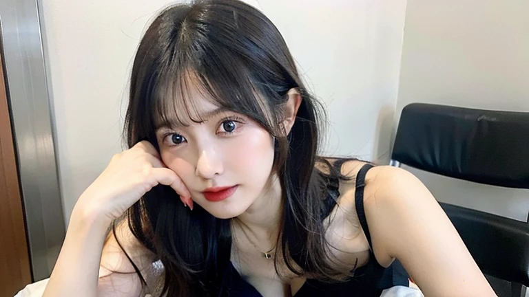 (Highest quality、8K、32k、masterpiece、Best Quality、Realistic）)、Black Hair、Medium Hair、Short bangs、（Large Breasts、Wearing a short-sleeved dress:1.3）、Selfie、（Sitting、M-shaped legs、Underwear is visible:1.4）、Idol、room
