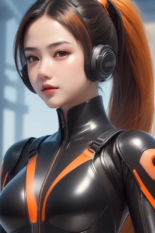 Top Quality, Masterpiece, Ultra High Resolution, (Photorealistic: 1.4), Raw Photo, 1 Girl, Black Hair, Glossy Skin, 1 Mechanical Girl, (((Ultra Realistic Details)), Portrait, Global Illumination, Shadows, Octane Rendering, 8K, Ultra Sharp, Intricate Ornaments Details, realistic skin, sweat effect, ((wearing Headphone)), very intricate detail, realistic light, CGSoation trend, brown eyes, glowing eyes, matte black and glossy orange mechanical bodysuit, Long hair, black hair, Ponytail hair, full body shot, spaceship bridge background, dynamic pose, cute smile, close up, Open Mouth, facing audience, playing electric guitar, in front of microphone,