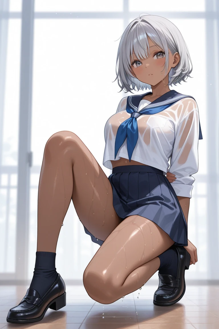 Hamakaze, Hamakaze, Blue eyes, Grey Hair, Hair Ornament, Hair over one eye, hair clips, Short hair, Short hair,BREAK black pantyhose, buttoning, gloves, grey sailor collar, grey skirt, hair clips, neckerchief, pantyhose, Pleated skirt, Sailor collar, School uniform, serafuku, (White seraphuk:1.3),Skirt, White Gloves, Yellow neckerchief,Naughty big、large full breasts、looking at the viewers,BREAK (masutepiece:1.2), Best Quality, High resolution, Unity 8k壁纸, (Illustration:0.8), (Beautiful detailed eyes:1.6), extra detailed face, Perfect Lighting, extremely details CG, (Perfect hands, Perfect Anatomy),Smile with open mouth、(white  panties:1.3)、(Fully exposed panties:1.5)、(Squatting:1.3)、、(outside of house、plein air,:1.3)、(sea side:1.3)