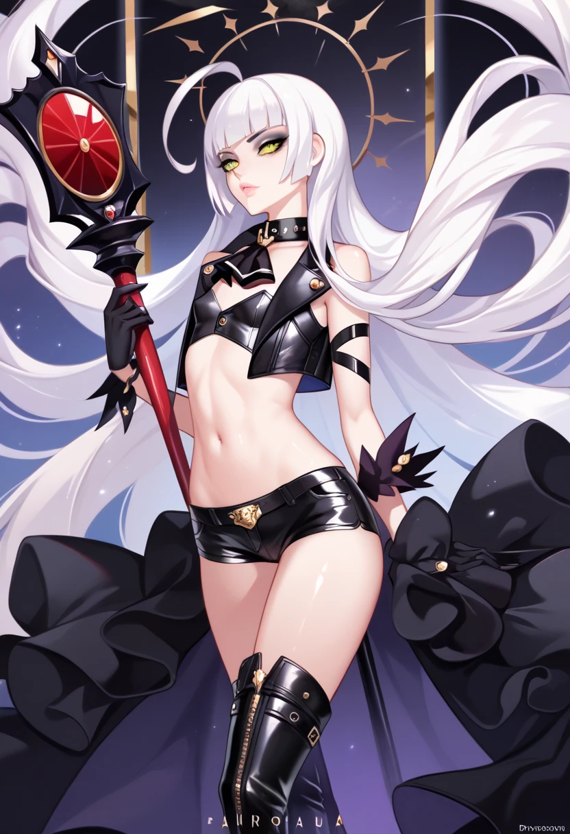 young woman ,height 155 centimeters ,breast size 2 ,ash white hair , fluffy ears with black tips ,white tail with black tip ,fox ,Someone ,cat , skirt ,stockings ,topic ,cat ears ,small ears ,Black Ear Tips,black tip of the tail , black ears ,черный foxий хвост ,skinny legs, Red eyes ,5 fingers on 1 hand , large magic staff, long magic staff,buyer ,Beach,bikini ,swimsuit