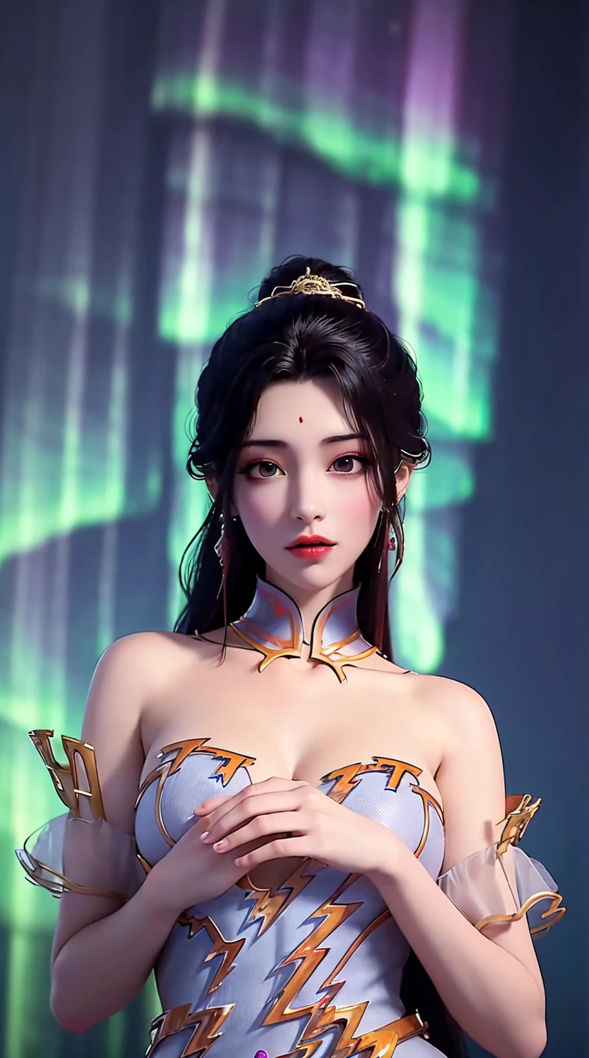 best quality, masterpiece, high_res, 1girl, hair ornament, necklace, jewelry, Beautiful face, tyndall effect, photo realistic, rim lighting, two tone lighting, (high detailed skin:1.2), 8k uhd, dslr, soft lighting, high quality, volumetric lighting, candid, Photograph, high resolution, 4k, 8k, Bokeh, medium breasts, absurdres,