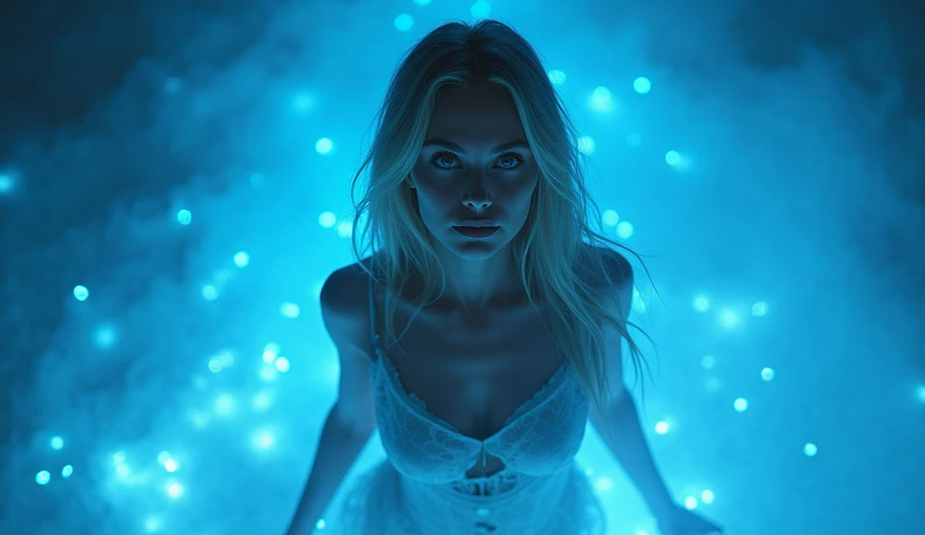 1girl, Captain Marvel porn movie naked big , languid, loose, blonde hair, blue eyes, kneeling on a bedroom floor , wearing a skimpy transparent version of her costume over her fully naked body, surrounded by an aura of glowing cosmic energy. erotic nsfw pose, 11:30 pm, dimly lit, dark room, bad camera, bad photo, moody, by ellen von unwerth, Polaroid photography,