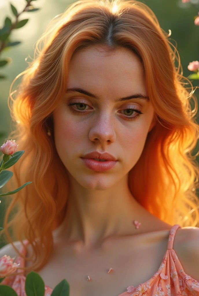 The face of a young woman, green eyes, red curls, nose piercing, ear rings, full lips, index finger in front of the lips, sexy Blick, detailed face, realistic, datailed lips