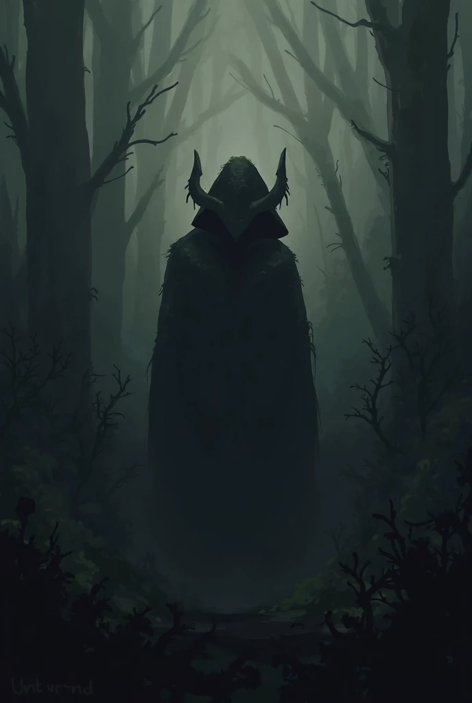 a demon wrapped in a black cloak of darkness in the middle of the forest 