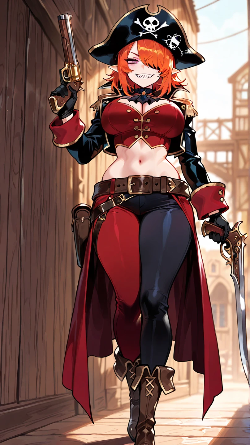 1women, solo, hips up, look at viewer, (detailed face), bangs, edgBB, black gloves, belt, coat, torn clothes, capelet, red gloves gauntlets, vambraces, black capelet, hunter (bloodborne) woman wearing edgBB_outfit, outdoors, gothic architecture, jewelry, full body Forrest Fire Emblem twin drills blonde hair