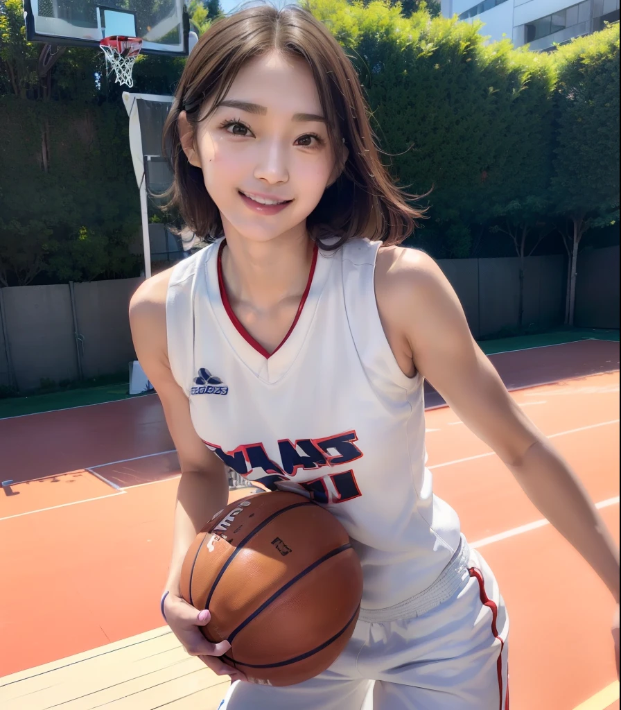 (masterpiece、top quality、super high resolution)、(( basketball player、 Athletes))、Japaneseの女性、age 18、perfect body、( basketball playerユニホーム:1.2)、 Low Rise Pants 、Beautiful Legs、captivates、Yuan々intention、smile、 beautiful hands 、( sports、 basketball court)、(perfect anatomy、Beautiful limbs)、 clear 、 pro pics 、(PHOTOREALISTIC FRONT FACE:1.6)、(cute:1.6、Japanese)、 ( ドリブルするbasketball player:1.4)、 shiny skin、almond eye、(full body photo)