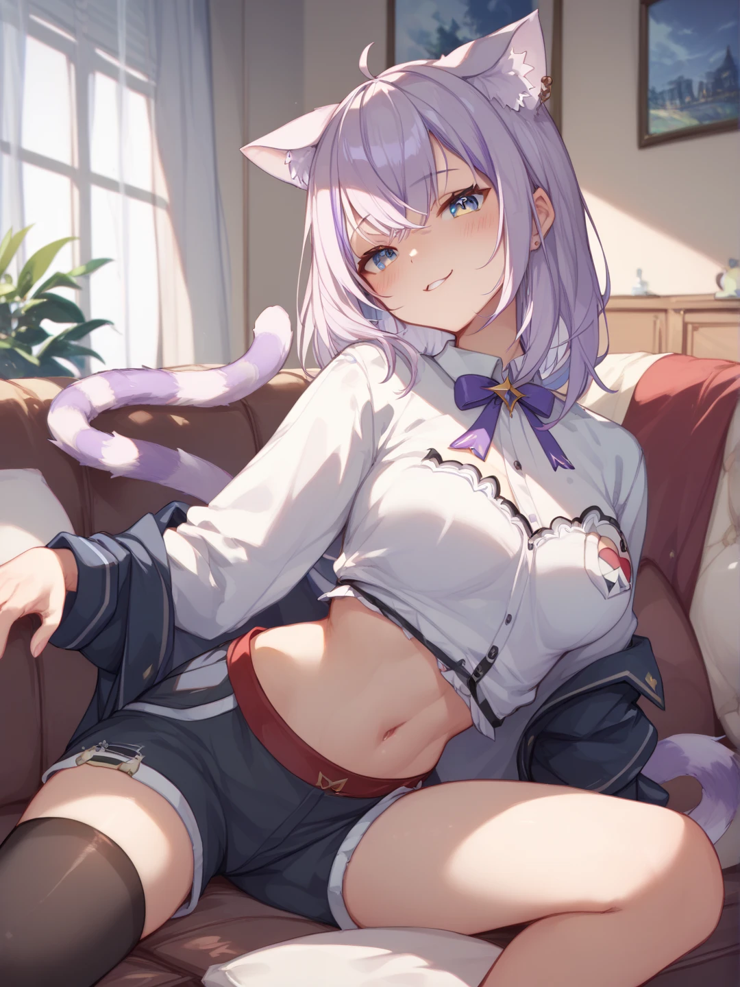 A 20-year-old female angel with long hair, white hair, yellow eyes, cat ears, cat tail, and white angel wings. A glowing yellow halo ring overhead. Wear round glasses (White halter turtleneck sweater, white purekiller sweater, sleeveless, sexy backless sweater, white dress) White arm warmers, stick out tongue, bedroom