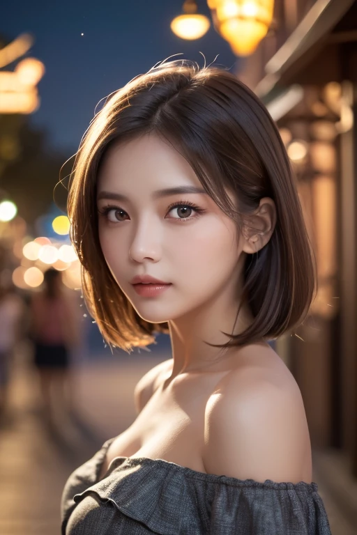 ((Realistic lighting, Best quality, 8K, Masterpiece: 1.3)), Clear focus: 1.2, 1girl, Perfect Figure: 1.4, Slim Abs: 1.1, ((Dark brown hair)), (White crop top: 1.4), (Outdoor, Night: 1.1), City streets, Super fine face, Fine eyes, Double eyelids,
