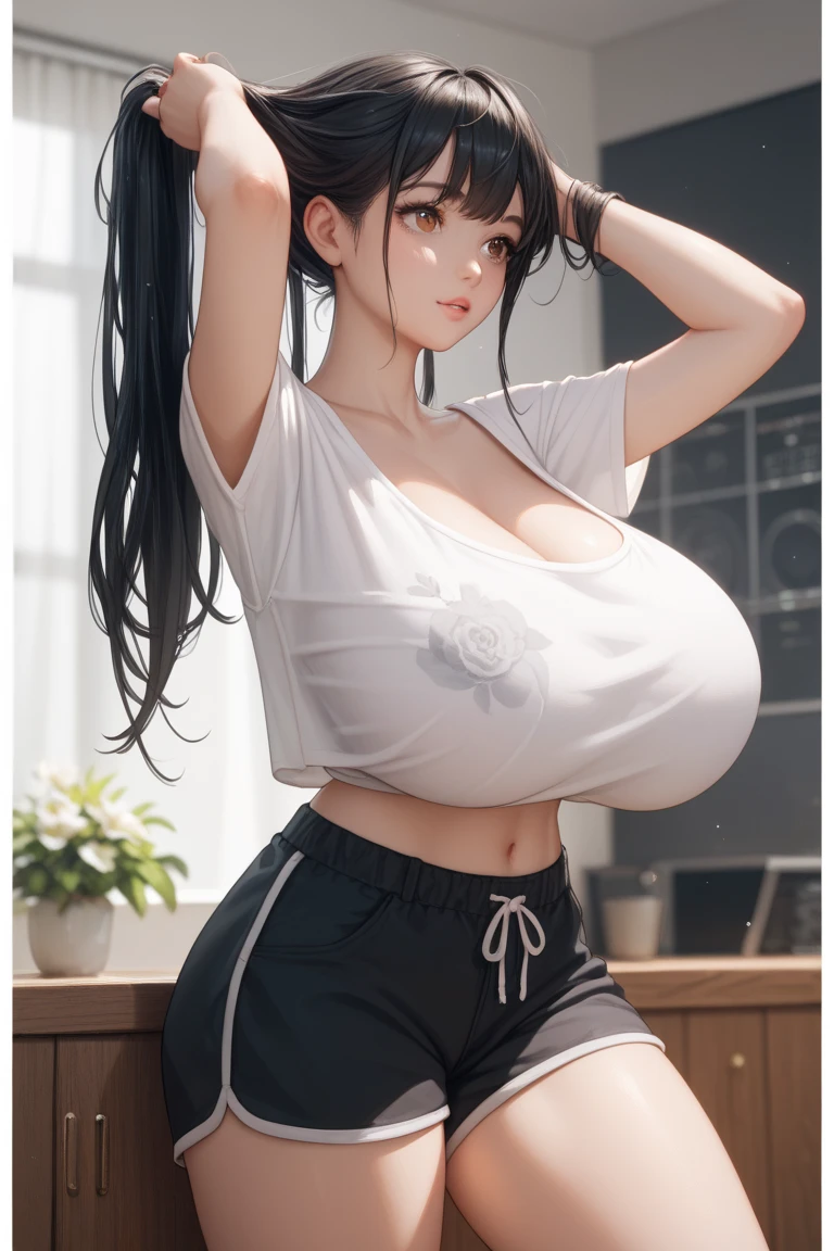 Anime girl, green eyes, black hair with long braid, muy voluptuosa, teen, big breast, shy smile, wallpaper, cute High waist denim shorts, long sleeve blouse, strap, breasts bounce, at the mall