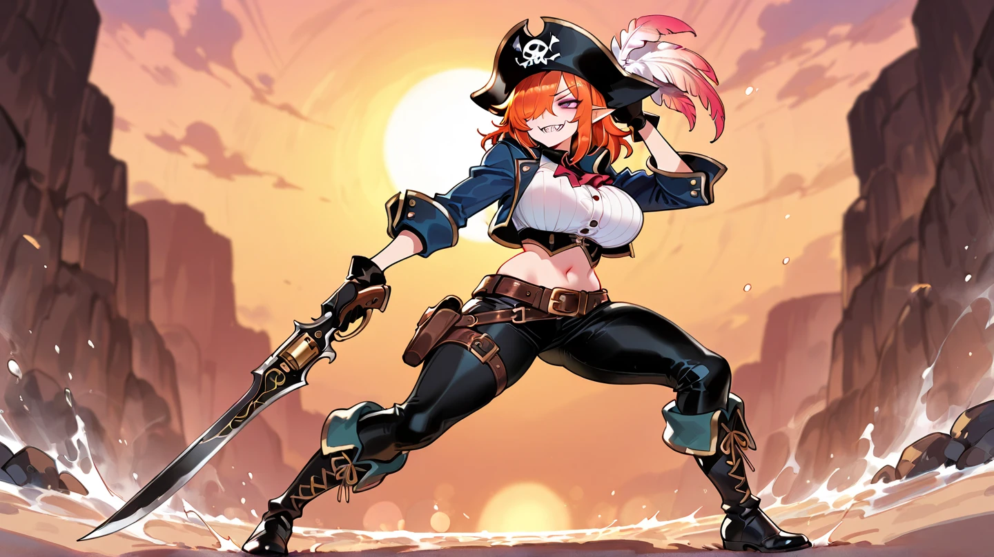 One woman, red hair, pirate clothes, pirate hat, make-up, tattoo, piercings, sweating, nipple, ripped clothes, wet pussy,