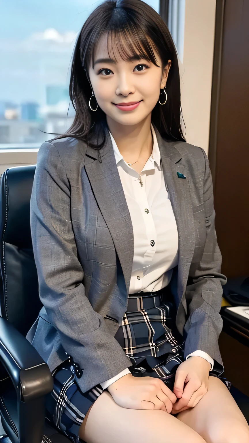 ( Japanese office lady 、25 year old japanese woman:1.2)、one woman、Extremely Beautiful Women、chair、( plaid business suit、gray business suit、suit skirt:1.3)、natural makeup、Beautiful Legs、simple earrings、At the company office、 office with desk and chair 、Office with Large Window、