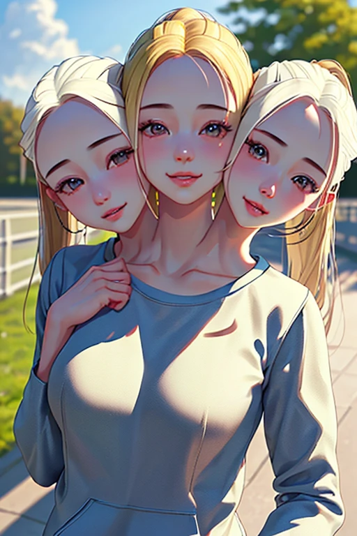 (ultra realisic, A highly detailed: 1.4), beste-Qualit, tmasterpiece, 3 girls, A stern look, Severity, arrogance, blonde woman, running, hoody, sweatpants tracksuit, Near the house, exteriors, standing at full height, sneakers ((Three heads, 3 heads):1.4)