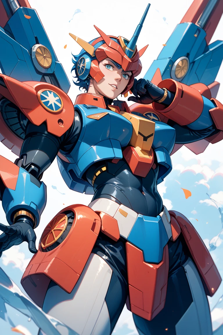 dragon ball style, evangelion style, 1girl in front of large mecha, blue eyes, medium red hair, wearing bodysuit, feminine
