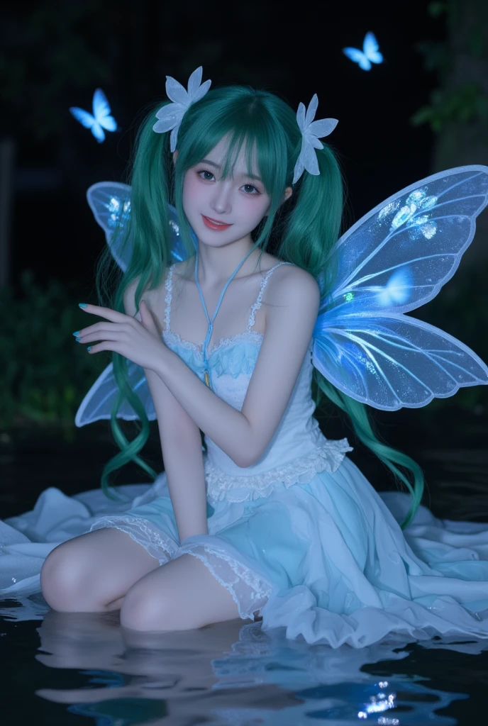 A young fairy in a flowery garden. Butterfly like Wings. She wears a multilayered ruffled dress in light yellow orange transparent fabric with silver and aquamarine embellishments. Long messy wavy hair in teal colour. She is merging from a swirl of multicoloured varieties of flowers and leaves of different shapes and tones of green. Sunny day and clear blue sky. Illuminated by natural light. Magic Forest in the background.