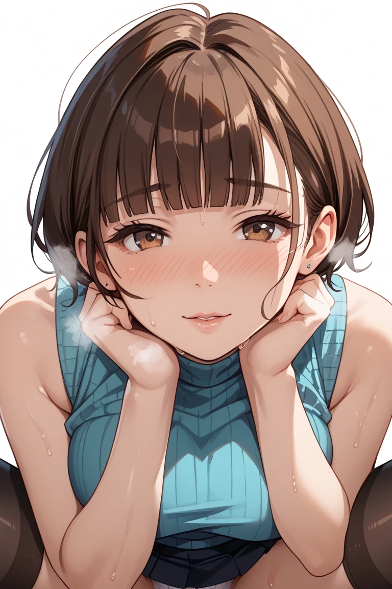 Anime girl with brown hair and blue dress sitting on floor - SeaArt AI
