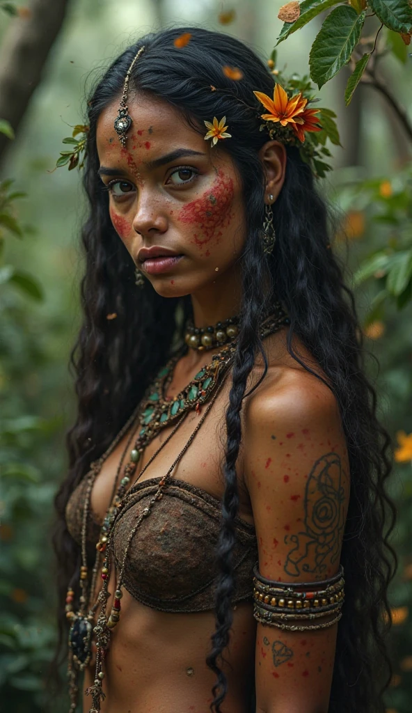 mulher brazilian indigenous, typical indigenous clothes, red and green body paint, Facing the camera, look curiously at the camera, in the middle of a forest, close on ((bimbostyle))
