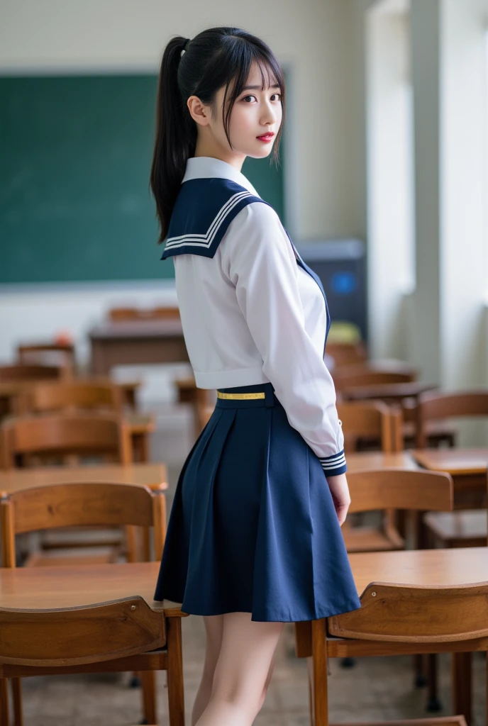 An ultra-high picture quality、Perfect Photo、japanese beauty girl、15yo student、girl's own room、(((a junior high school student)))、(((small ass)))、(((lower back)))、(((School Uniforms)))、(((a sailor suit)))、(((Raised mini skirt)))、Black Haired Beautiful Girl、Long hair、(((forward-bent posture)))、(((White panties are slightly visible)))、