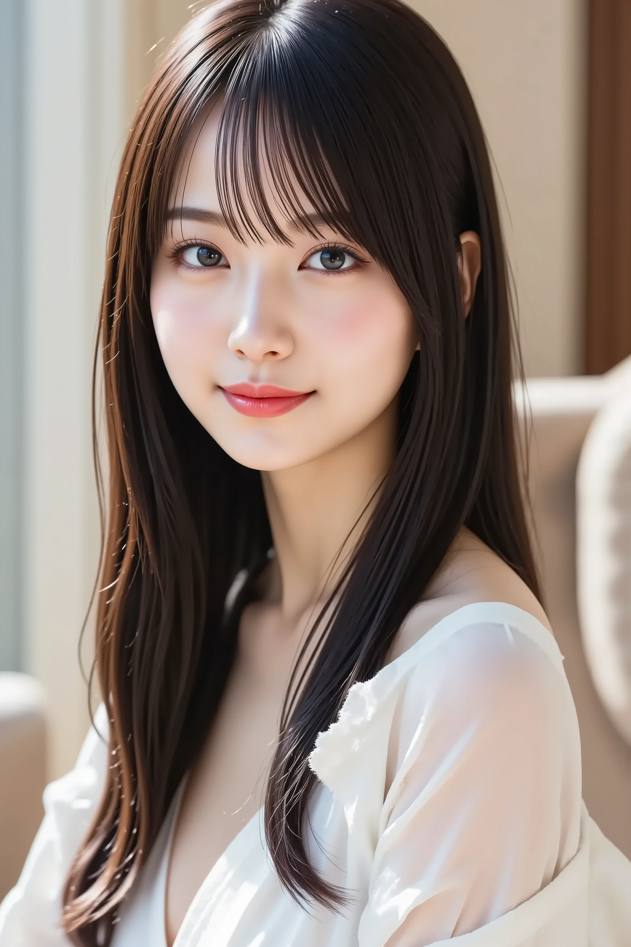 masterpiece, A state where the face is placed in the center,  fine, clean skin、Chori blouse, sofa background、long black hair, Bangs, smile, 8k
