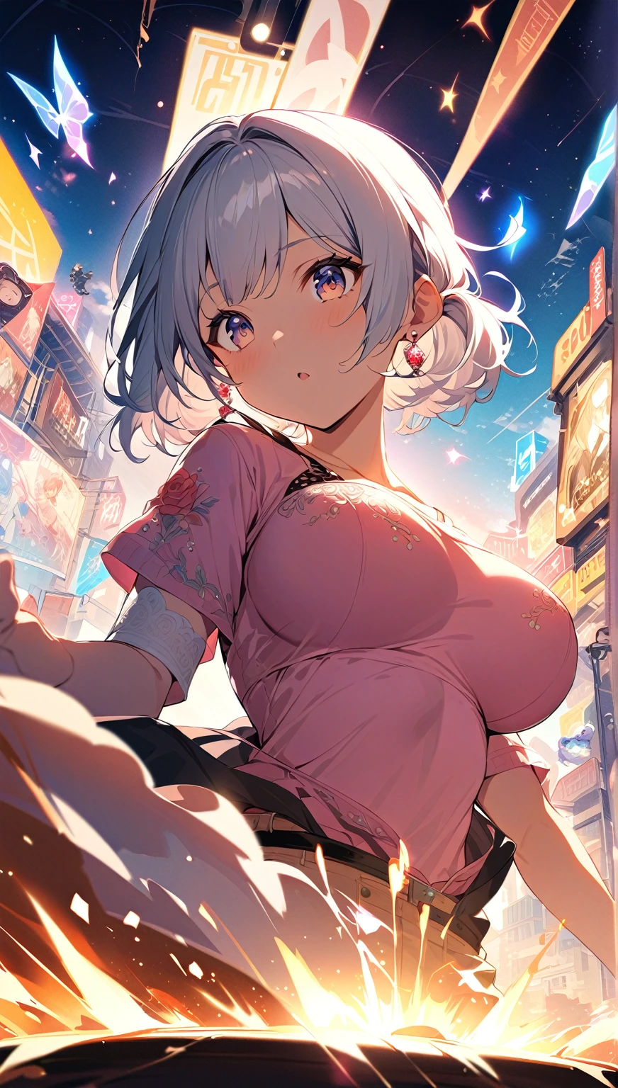 (topless), nsfw, masterpiece, magazine cover, 1 girl, erect nipples, las vegas, neon lights, nipples, high angle, intricately detailed, navel, necklace, holding smartphone, beautiful face, denim shorts, smiling, extremely detailed, photorealistic, octane render, 8 k, unreal engine. horse ears, horse tail, bare breasts, bare stomach, sweaty, detailed, cowboy shot, small breasts, puffy nipples, black belt, leg strap, hair ribbon, texts, sexy, shirtless, bare arms, hands on waist, short white hair, flat chest, slim waist, petite body, night, outdoors, desert
