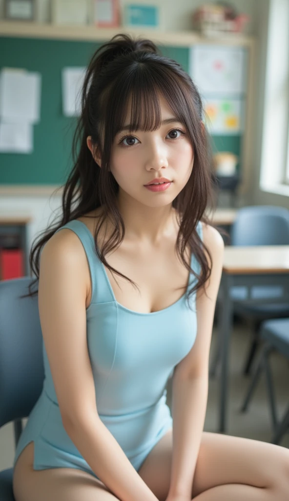 (8k, RAW Photos, Highest quality, masterpiece:1.2), (Professional photography, Full Color, Studio-level color grading), (High-end fashion magazine gravure quality), (16 year old beautiful girl、Baby Face:1.5、Idol Face:1.2), (perfect long ponytail:1.1), Harajuku Style, Cute Face、(A little naughty look:1.3)、Beautiful eyes wide open、double eyelid、Big Natural Color Lip, (Smooth body, Smooth Skin:1.2), (Beautiful breasts:1.3、Nice breast bag:1.4、Cleavage:0.8), (Japanese School Swimsuit、Navy blue one-piece swimsuit、Navy blue Japanese student swimsuit:1.3), (Sexy pose:1.2), (Detailed eyes and face:1.2, Professional photography techniques)、(Detailed hands:1.2、The right move:1.2、Fine Fingers:1.2)、(Tight waist:1.3、Thin thighs:1.2)、(Small beautiful butt)