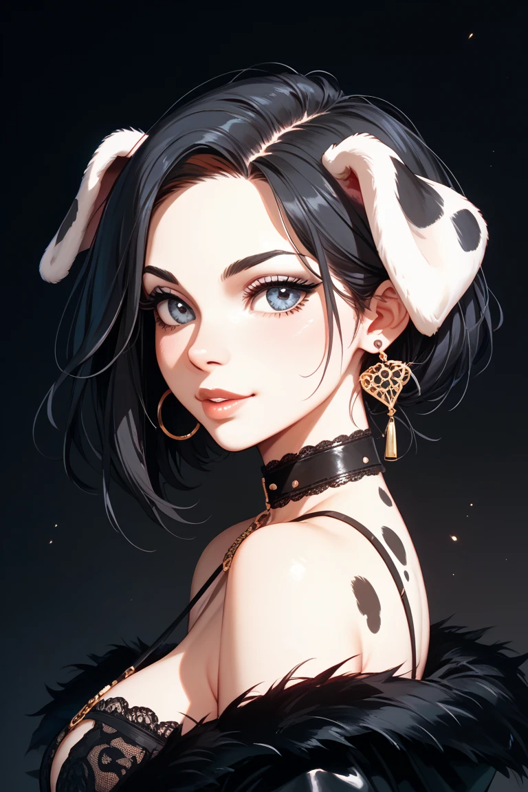 1girl, woman, black lipstick, dog collar, eyeliner, eye shadow, smoky eyes, realistic lighting, short hair, medium breasts, (naked), shiny skin, smug smirk