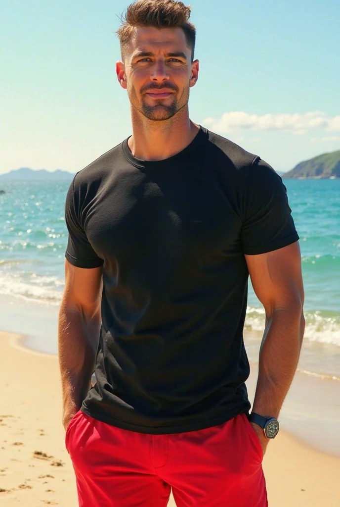 crew cut, (((full body))), (((landscape))), mature man, [slightly fat], asian man, rounded face, brown eyes, ((rounded face)), glasses, balding, 1boy, Solo, (big shoulders), (((stubbles, Short beard))),Create a high-quality anime-style image featuring an elderly man standing on a rocky cliff by the sea. The man has white hair, a beard, and is wearing round glasses. He is dressed in a white shirt, beige pants rolled up at the ankles, and white sneakers. His posture is relaxed, with his hands in his pockets, gazing thoughtfully into the distance.

The background consists of a clear blue sky filled with fluffy, white clouds. Below the cliff, there is a calm sea with boats and a small coastal village nestled at the foot of green, mountainous terrain. The scene captures a peaceful, reflective moment, with vibrant colors and detailed shading to emphasize the tranquil and contemplative atmosphere.