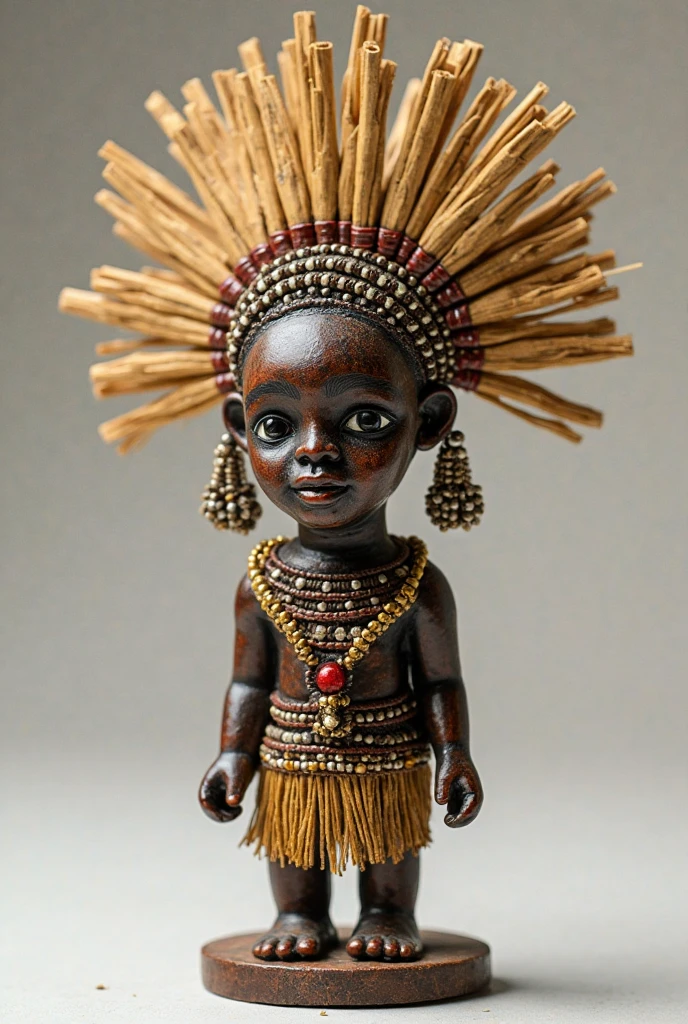 African Orixá covered in straw and popcorn on a clay floor