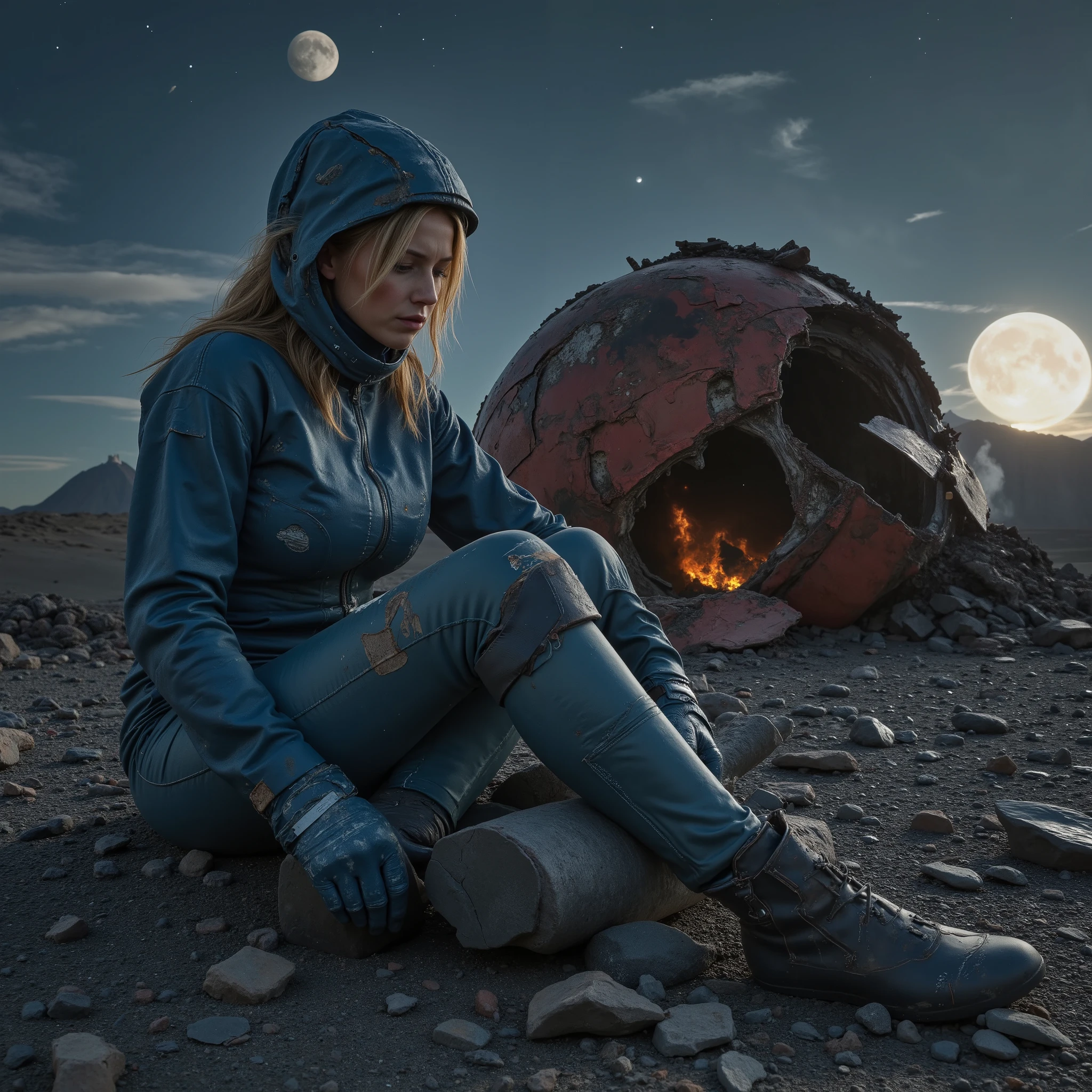 Masterpiece dark sci-fi dystopia photo, photorealistic view of an alien spaceship, crashed down, broken, splintered and crumbled as a partly rusty partly blank metal ruin in a lifeless desert of grey and red volcanic rock. Some smoke rises still from the wreck. Sexy blonde female cyborg sitting in front, head over knees sad and desperate, wearing dirty torn closed blue latex spacesuit with closed helmet and gloves, bruised and scratched face, untidy hair, crying. Sinking sun shining from side at dusk under a cloudless dark sky with stars, two moons and a near planet. Active volcano in background. (((hyper detailed))), UHD, 16K