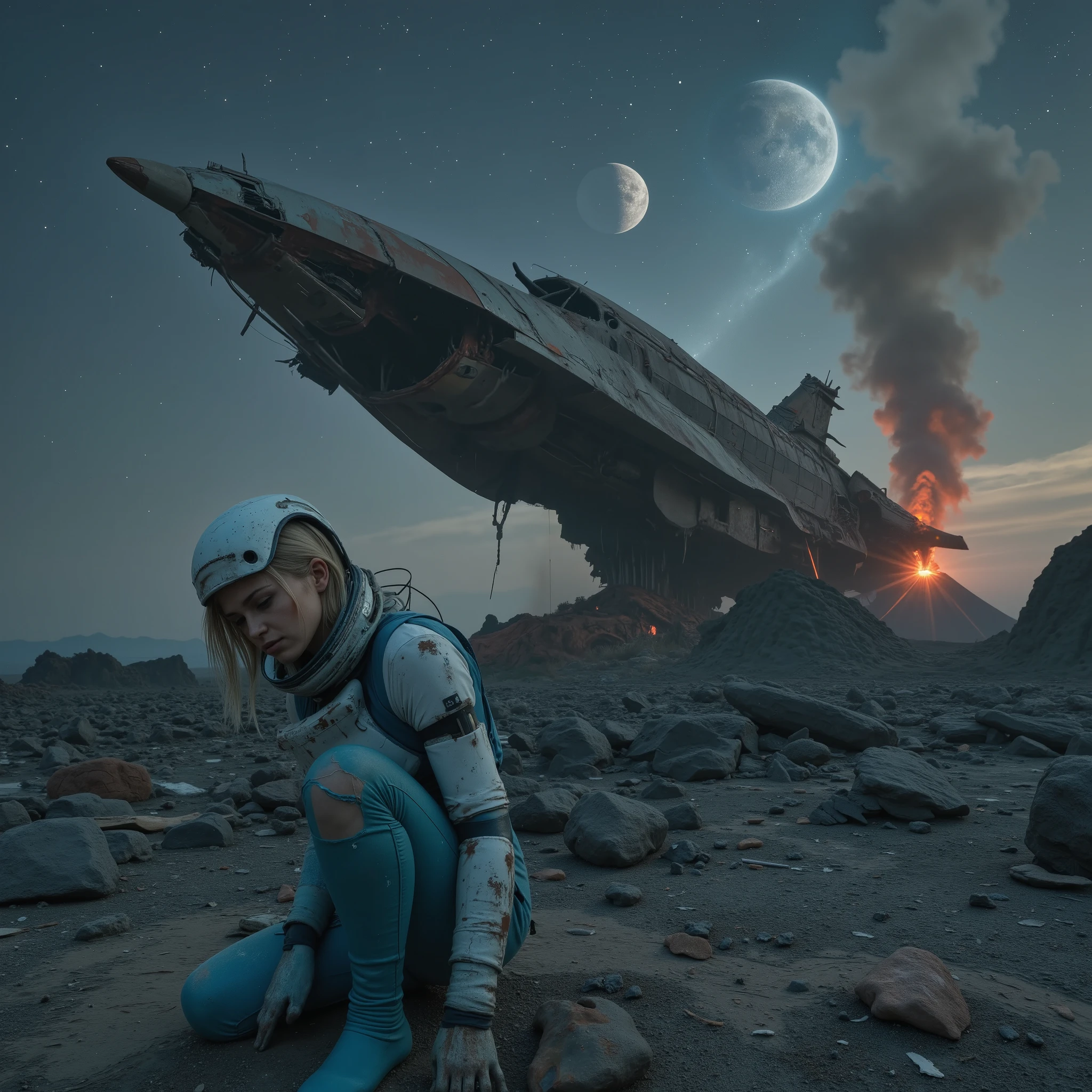 Masterpiece sci-fi dystopia photo, photorealistic view of an alien spaceship, crashed down, broken, splintered and crumbled as a partly rusty partly blank metal ruin in a lifeless desert of grey and red volcanic rock. Some smoke rises still from the wreck. Sexy blonde female cyborg sitting in front, head over knees sad and desperate, wearing dirty torn closed blue latex spacesuit with closed helmet and gloves, bruised and scratched face, untidy hair, crying. Sinking sun shining from side at dusk under a cloudless dark sky with stars, two moons and a near planet. Active volcano in background. (((hyper detailed))), UHD, 16K