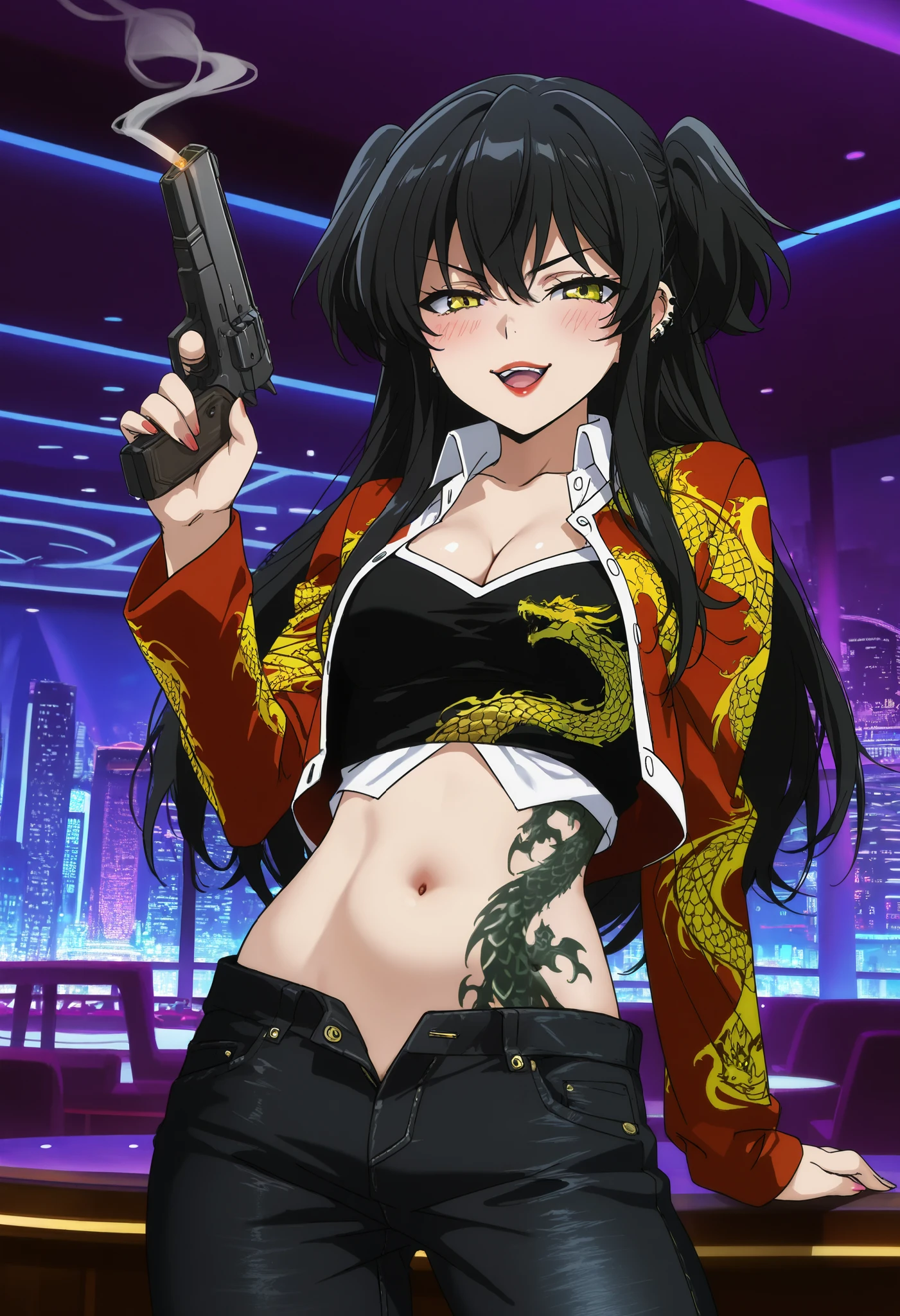 score_9, score_8_up, score_7_up, source_anime,
rakkoyumiya, rakko yumiya, long hair, black hair, two side up, yellow eyes, sidelocks,
ear piercing, long hair, blush, lipstick, Hot girl, baddie, smoking, sensual, attractive, bar
background, inside bar,indoors, cityscape, casino, nightclub, city lights, masterpiece,high
quality,4k,belly,,holding pistol,cleavage, unbuttoned shirt, shirt, knot, smile, open mouth,
(nsfw) not safe for work, evil expression,belly, exposed navel, exposed midriff, exposed lower
belly, ,dragon print jacket, unbuttoned jeans , low rise black jeans, Low rise
jeans with open fly, , dragon tattoo, narrowed eyes, tattoo midriff, looking at viewer , v-shaped eyebrows,