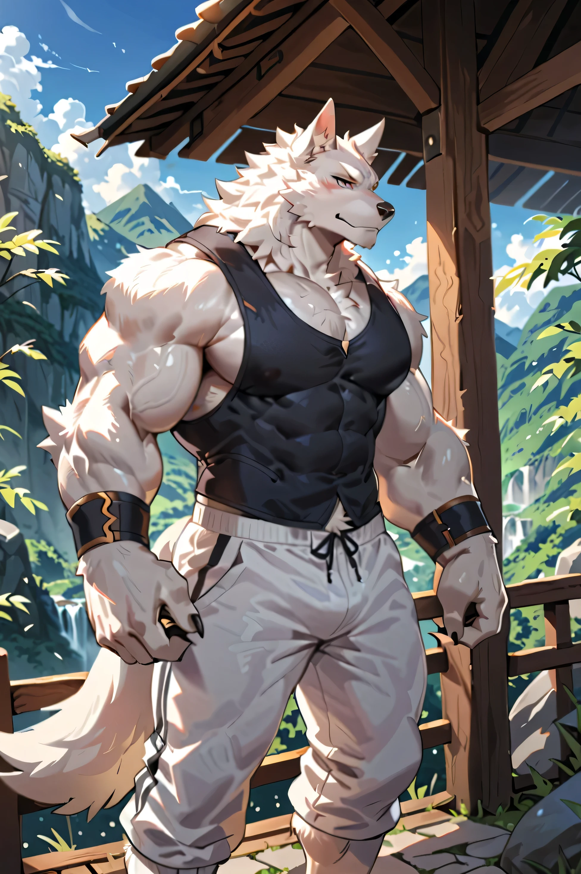 (upload on e621) (Masterpiece) (by Drks) (best quality) (ultra high res) 4K (8k HD) 2D (perfect anatomy) (digital art) (official art) (extreme detailed) (ultra detailed) (strapsanime) color (soft shading) (sharp focus) (waterfall background) 1man silver body fur silver belly detailed fluffy fur (ultra detailed face) detailed eyes detailed iris eyes detailed silver eyes (white sclera) black pupils big navel abs bare pectoral (((huge black shiny nipples))) black claw nails furry wolf male mature male silver giant bulky muscular body fur giant size canid (((huge muscles))) (((hyper muscles))) huge pecs (((oversize pecs))) huge biceps (((giant biceps))) (((fullbody))) canine canis mammal powerful wolf god wolf male calm cool collected demeanor face badass wolf anthro solo standing (((wearing silver full complete sleeveless long trench coat jacket))) (((silver longest length hair))) (((silver longest length back fur hair))) (((silver longest length hair fur front lay on pecs))) (((best longest silver hair))) (((perfect fingers))) (((five fingers))) dark black hands and fingers silver chest tuft (((wearing silver fingerless gloves))) (((silver arm bands on his biceps))), (((three silver arm bands on his forearms))) (((dark black huge bead necklaces))) (((dark black huge longer bead necklaces around neck to pecs))) (((silver long wolf tail))) (((black long pants with silver lines with belt straps on both legs))) (((silver electricity and surging aura flow entire body))) (((silver glowing aura his entire body))) (((crossed arm pose)))