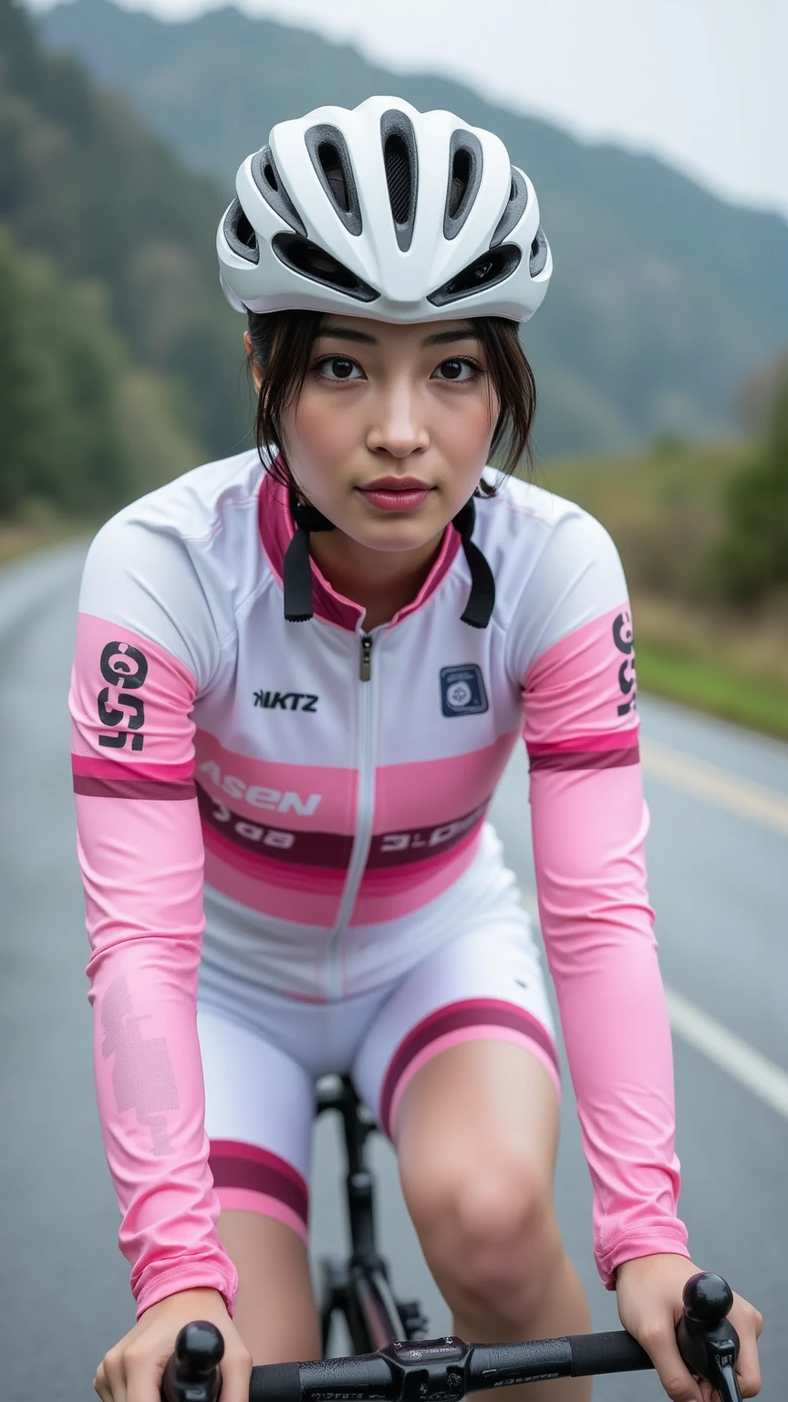 girl MagMix, big breasts, Analog film photography, codachrome, long hair, wearing a black tracksuit from Nike, standing on an empty road, Cloudy sky, the girl in the photo is from the waist up, Standing on the right, a black and pink road bike stands next to it, which is not completely visible, waist-sized bike, mountains are visible in the background, girl holding a bicycle with one hand, big size bike