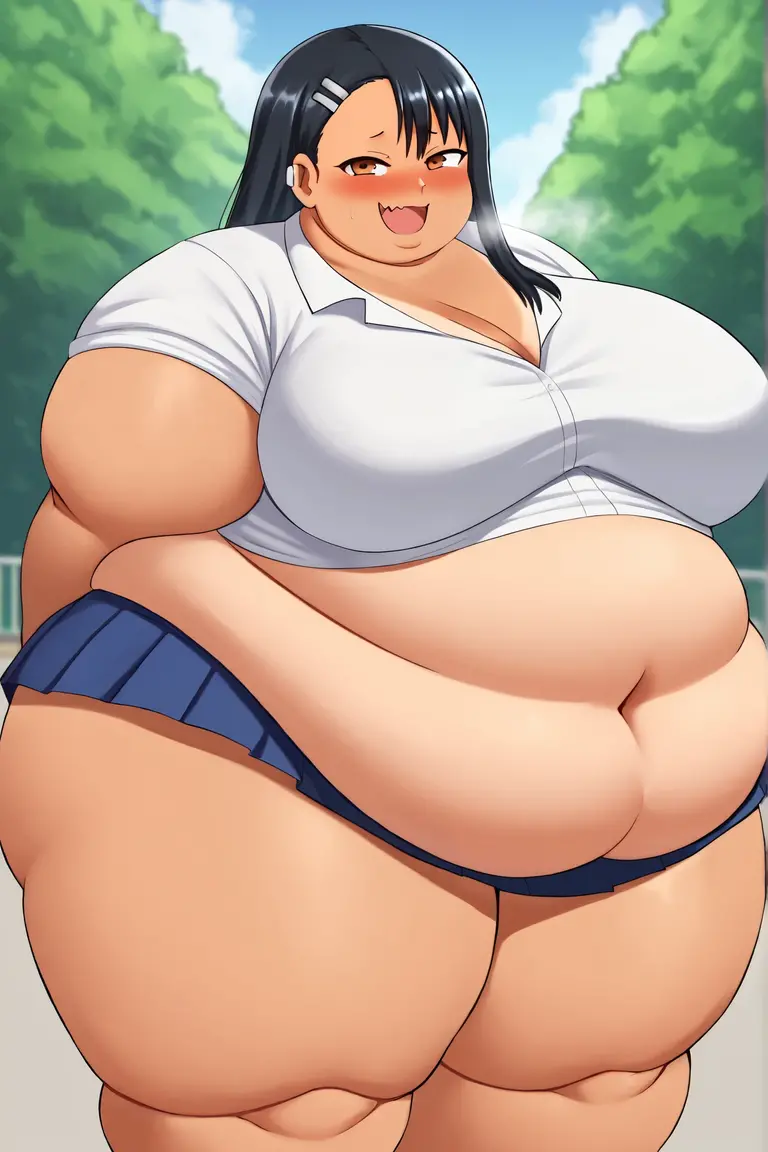 Obese nagatoro hayase, brown eyes, black hair, Obese body, bangs, big cheeks, fat and cute face, long hair, dark skin, white shirt, blue skirt, no socks, school shoes, fat arms, fat belly , happy face