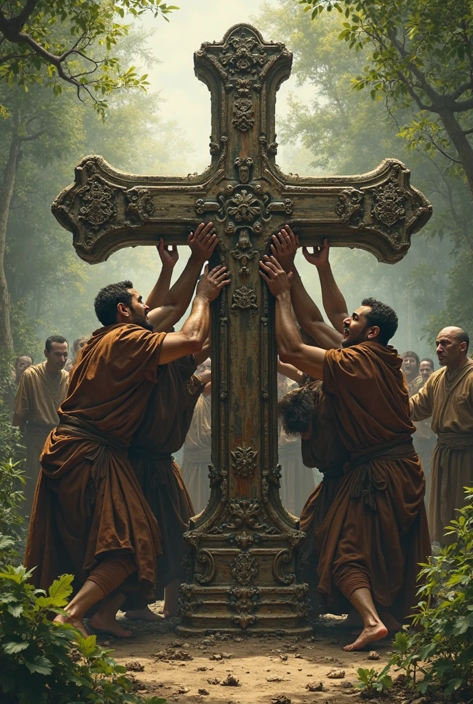 (((naked girl))), (((crucifixion pose,nailed to cross))), (full body shot:2), dynamic angle, ((huge breasts)), natural lighting, ultra sharp focus, pubic hair,(((1girl))), glaring