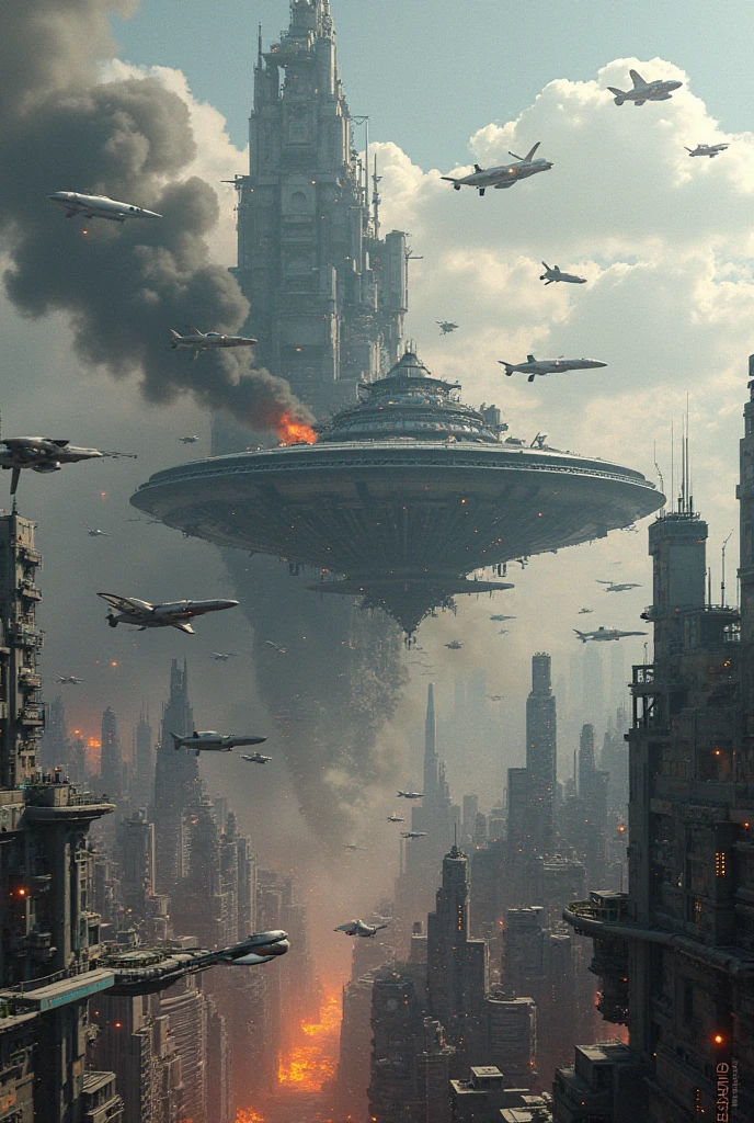 The space station crash scene is huge in the form of a city and a mixture of aircraft, high budget, Masterpiece, best quality,