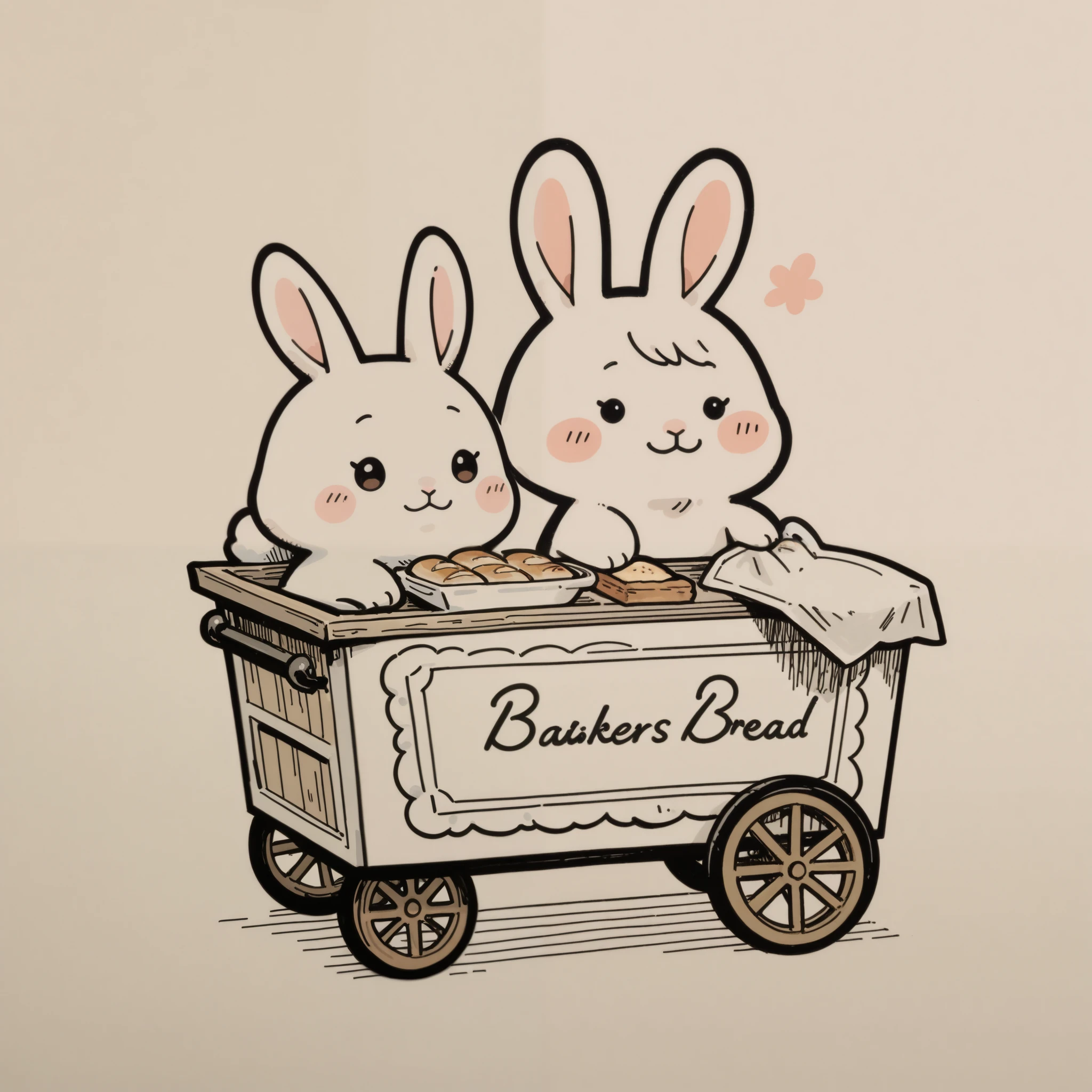 Cute illustrations, flat,doodle style, 3 rabbits, bakers, Hand Cart, a large rabbit makes bread, a medium rabbit looks after the Hand Cart, a small rabbit advertises in front of the Hand Cart
