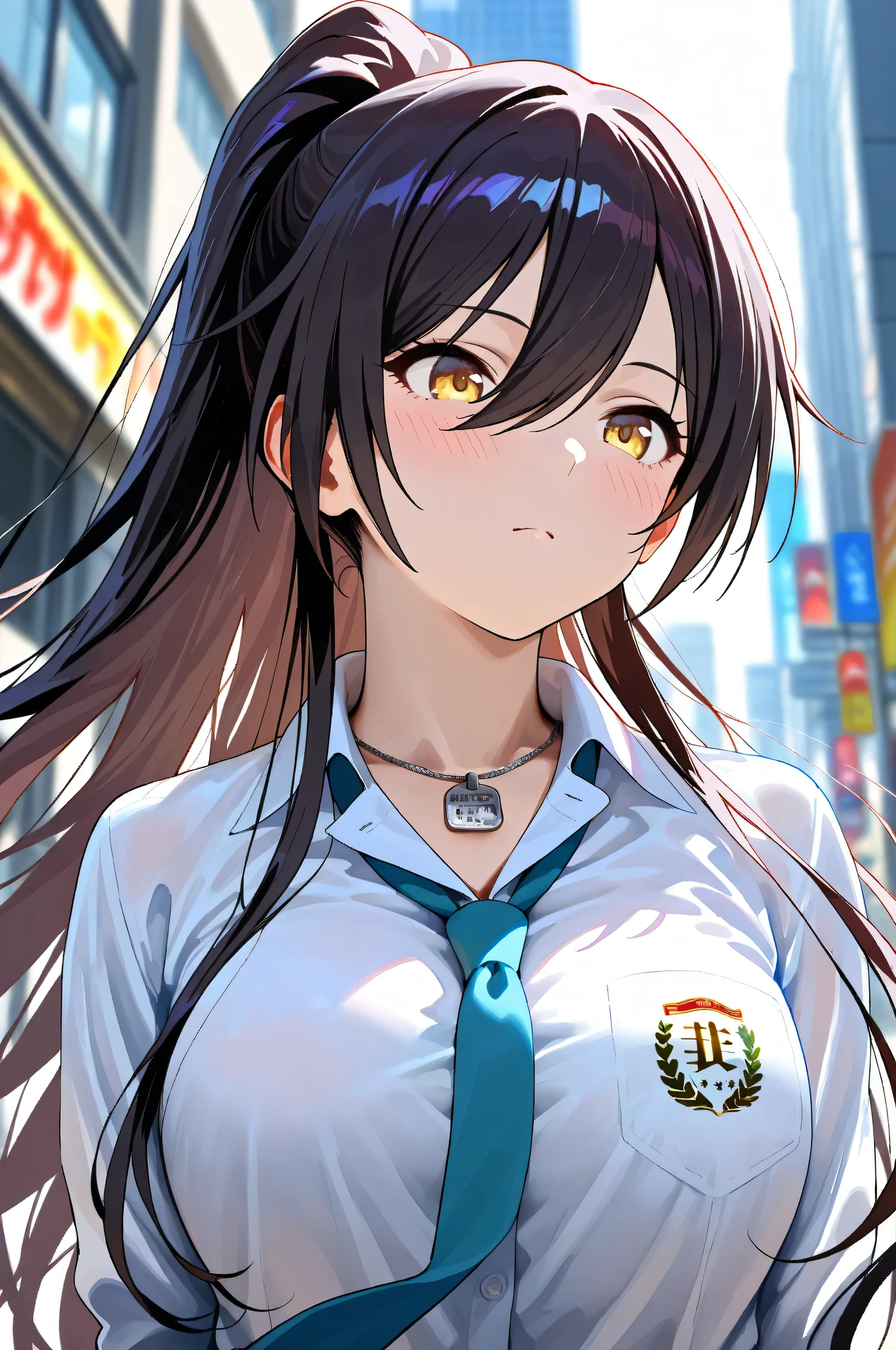 (Masterpiece:1.2), (Highest quality:1.1), (Very detailed),
(The best shape), (Best shadow), (Absurd),
(Detailed Background), (So beautiful), Shiny,
Beautiful eyes in every detail, Extraordinary, Countershading, 8k, 32K, High resolution,
Very Detailed CG, UHD,
Score_9, Score_8_up, Score_7_up, Source_anime,
(Pastel painting:1.2), (Watercolor painting:1.2),
(Masterpiece, Detailed:1.2), (Foreshortening:1.2),
Cinematic, Dramatic, (Depth of field:1.4),
(Blurry background:1.4), (Realistic background:1.4),
1 girl, Solo, Dynamic angle, From below,
Japan, Big city, Outdoor, Street, Wind,
Shirase Sakuya,
The idolmaster shiny colors,
srssky, very long hair, black hair, high ponytail, bangs, hair between eyes, yellow eyes, (large breasts:0.5),
School uniform,
Shirt, Collared shirt, White shirt, Light blue tie,
DogTag,
(Blush:1.3),
Portrait, Focus on face,
Realistic skin, Shiny skin,