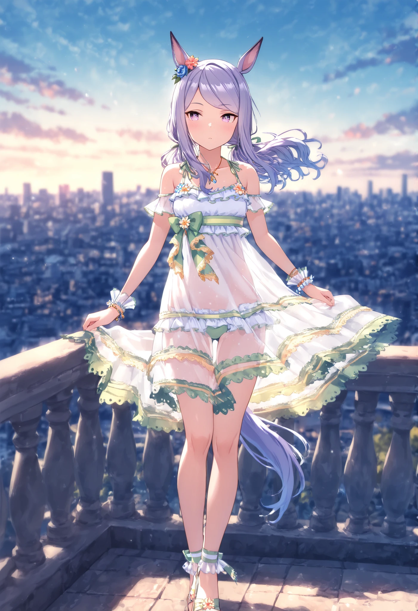 masterpiece, best quality, absurdres,ultra detailed,floating hair,
mejiro mcqueen\(umamusume\), 1girl, horse ears, horse tail, white high heel sandals, necklace, bare shoulders, collarbone, light green bikini under clothes, low twintails, see-through dress swimsuit, fair lady of the waves, multicolored hair flowers, single wrist cuff, bracelet, white striped light green hair ribbon
cloud, sky, outdoors,cityscape,
depth of field,