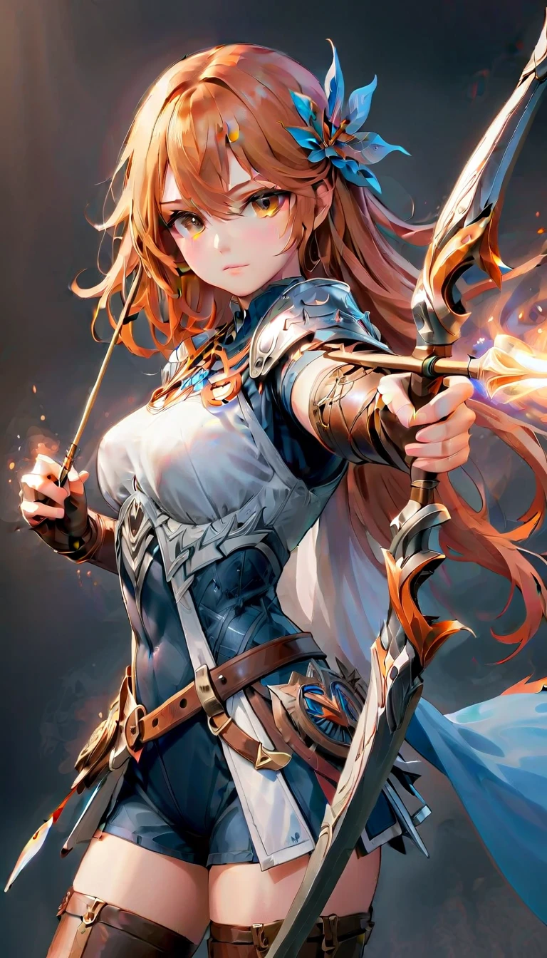 One person, alone, shield, arms, Knee socks, Extremely skilled, gloves, boots, Long Hair, Black background, armor, brown-gloves, ponytail, Orange Hair, full body gun, ribbon, Holding, Simple Background, Holding-arms, View your viewers, hair-ribbon, black-Knee socks, Brown footwear, smile, Brown eyes, shirt, Yellow Eyes, Are standing, Shorts, Knee pads, blue-ribbon, belt, shoulder-armor, white-shirt, Best, ((Spear and Shield)), ((Big Breasts) 1.2)