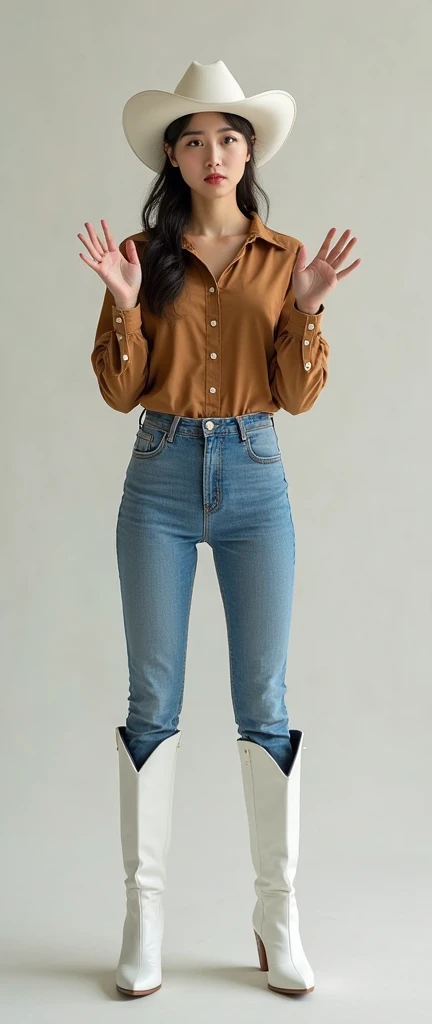 Korean young grown woman wearing white cowgirl hat, brown shirt, blue jean pants and white knee high pointy pointed toe cowgirl boots (all white, white heels, mid calf). Woman’s hairstyle: wavy straight pony tail.
“Woman bad smell hand gesture.”