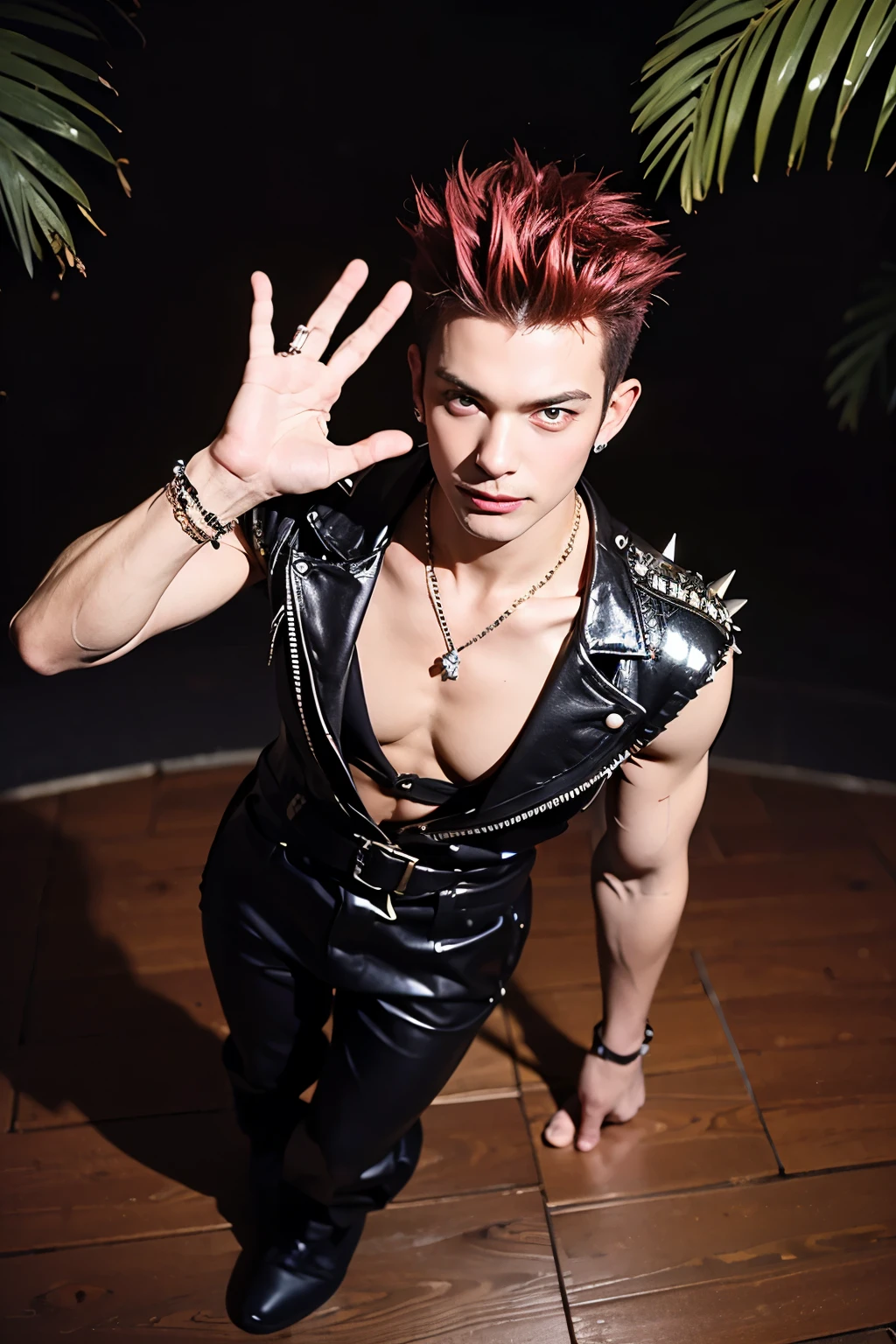 A close-up of a red male Tiefling with horns backwards, wearing a white stripe tied around his eyes, with two billy clubs on his back and with the letter "D" tattooed on his chest.
