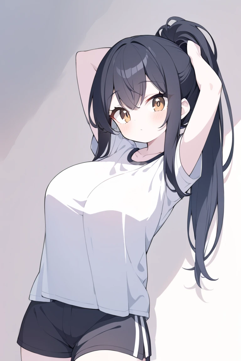 ((best quality)), ((masterpiece)), (detailed), perfect face masterpiece, Best quality1,4K quality, ,Married Woman Feeling,full,Front convex and back curved,Thin waist,Big breasts,Long hair, looking at the audience, Solitary, Brown eyes, shirt , !, brown hair, white shirt, Bangs, gentle,Smile, Black Hair, shadow , front,Tracksuit,Cover your mouth,Raise your eyes,There is no light and shadow,Solid color background