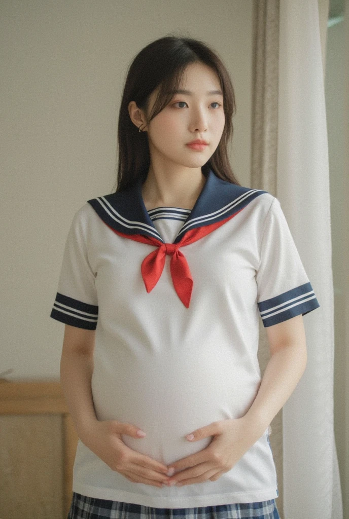 Pregnant women,Wearing a sailor uniform,Let's line up and take a group photo,Accurate five fingers,Many pregnant women,All pregnant,Detailed face,Everyone's stomach is visible,belly button,