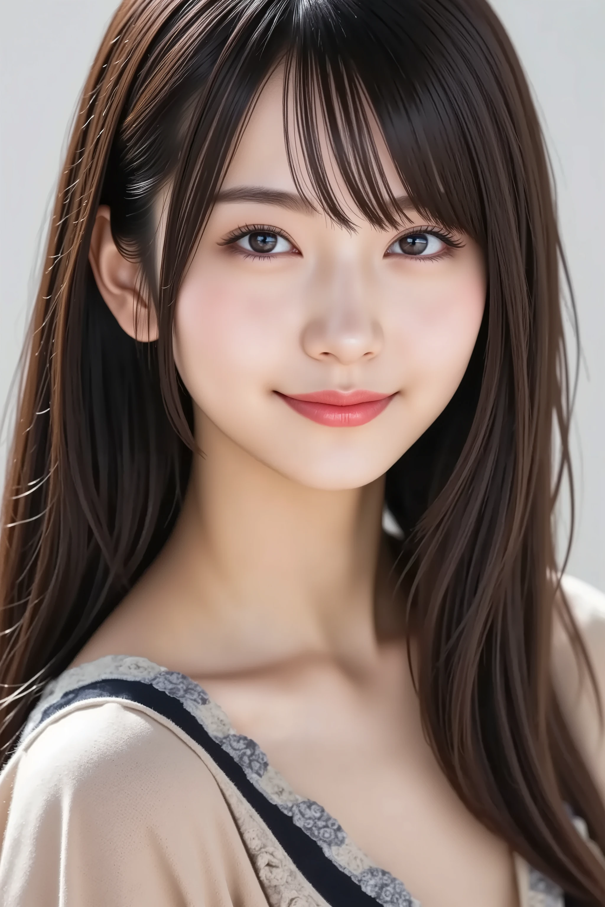 The face is centered、masterpiece, fine, clean skin、Chori blouse, long black hair, Bangs, smile, 8k