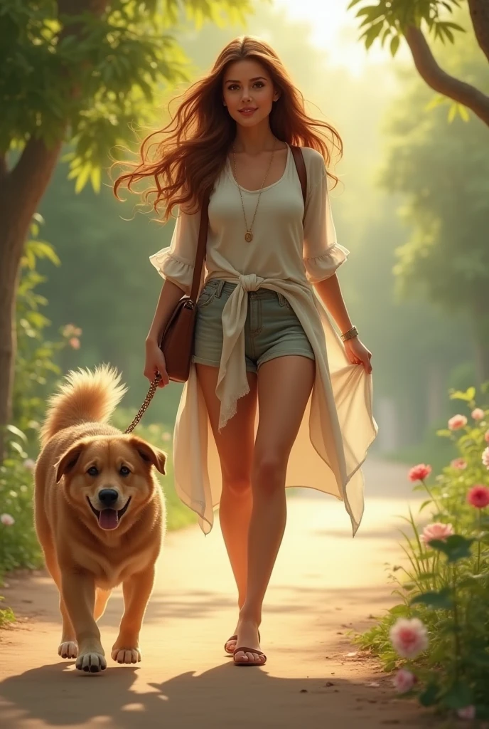 Beautiful woman with brown hair
Walking with a dog