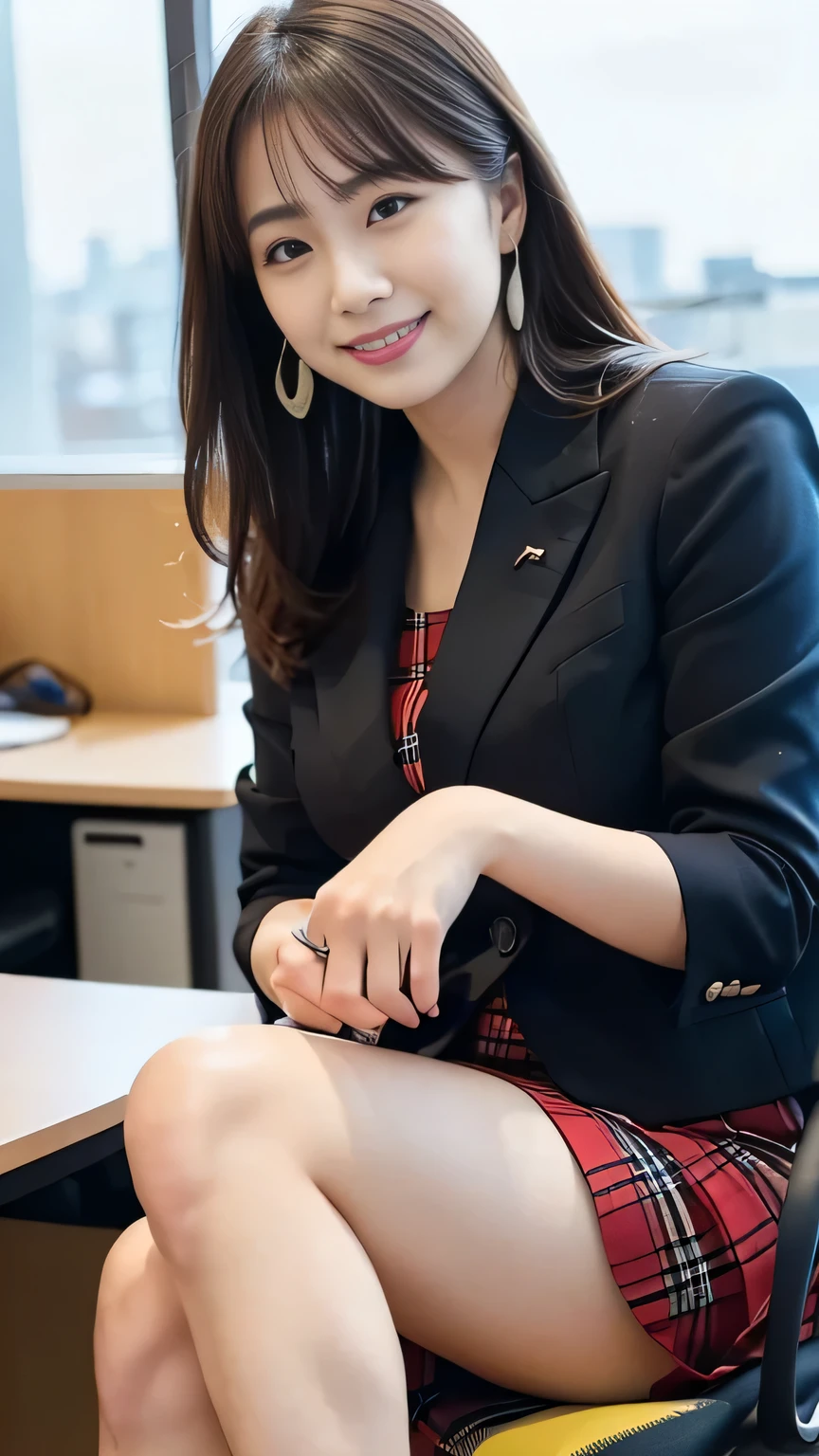 ( Japanese office lady 、25 year old japanese woman:1.2)、one woman、Extremely Beautiful Women、chair、( plaid business suit、 black business suit、suit skirt:1.3)、natural makeup、Beautiful Legs、simple earrings、At the company office、 office with desk and chair 、Office with Large Window、