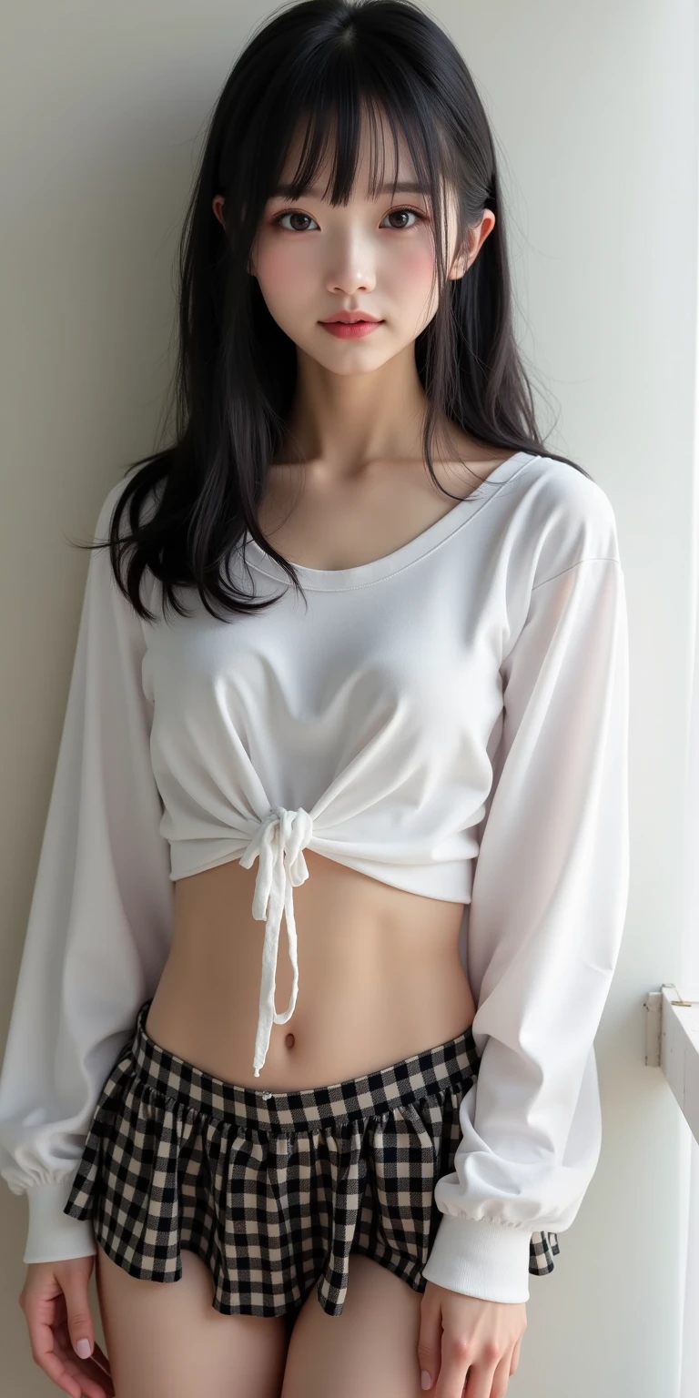 best qualtiy, Ultra-high resolution, (realisticlying:1.4),cute hairpin,1girll,,Cropped black sweater ,Full of atmosphere,Beautiful woman with a slim figure:1.4, abs:1.1, bathroom,Ultra-fine face,Elaborate Eyes,double eyelid,choker necklace