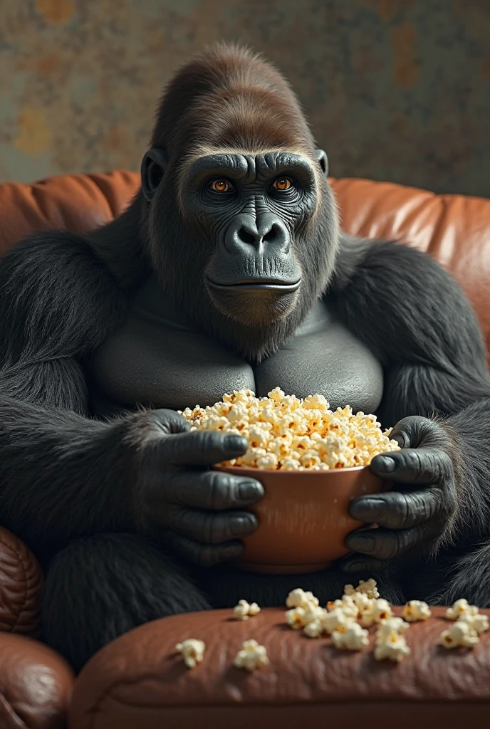 cinematic photography gorilla (holds a teddy bear:1.2) on the couch eating from a big bowl of popcorn with the back of a television in the foreground